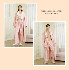 Pink coral fleece pajama set with thick long robe and matching trousers for winter