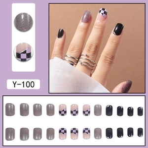 Short square press-on nails set featuring purple glitter and black checkered designs
