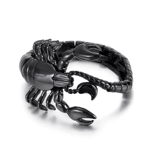 Men's bold black stainless steel scorpion bracelet with a metallic finish on white background