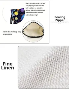 Detailed view of fine linen celestial makeup bag with durable anti-slip alloy zipper closure