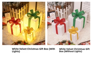 Detailed comparison of lit and unlit white plush Christmas gift boxes with sequins