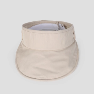 Detail view of beige wide brim sun hat with internal sweatband and quick-dry fabric texture