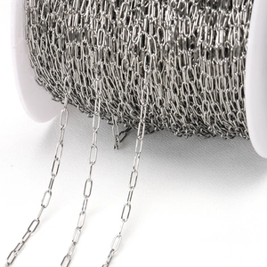 Macro detail of silver stainless steel rectangular link chain on a white spool for DIY jewelry
