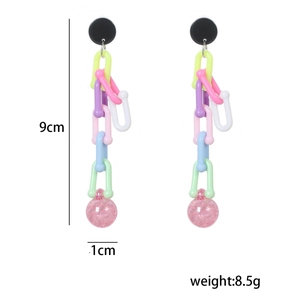 Detailed view of colorful chain earrings with 9cm length and matte resin texture