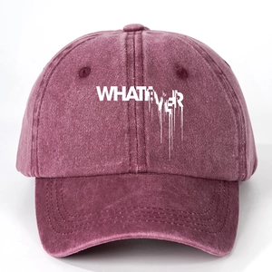 Washed burgundy cotton baseball cap featuring white Whatever dripping liquid print design