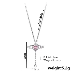 Minimalist titanium steel heart necklace with movable angel wings and pink gemstone