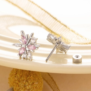 Elegant floral star stud earrings with pink marquise stones and silver titanium steel finish