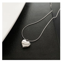Detail of silver heart pendant with snake chain on black and white background