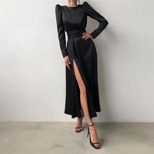 Robe De Soirée Élégante En Satin Pour Femmes Manches Longues Fente Haute Taille Froncée Manches Bouffantes Col Rond