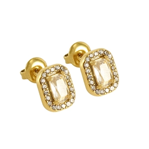 Elegant gold double-layered rectangular stud earrings with sparkling cubic zirconia crystals