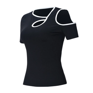 Detail of slim fit black tee with white contrast trim and asymmetric shoulder cutouts
