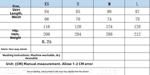 Detailed size guide table for colorful floral printed skirt showing XS to L measurements