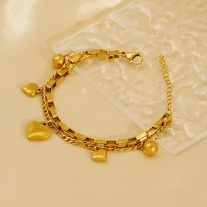 Bracelet Double Couche Pendentif Coeur Acier Inoxydable Plaqué Or 18K Bijoux De Mode Femmes