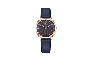 Detailed close-up of a square rose gold watch with dark blue leather strap and radial dial