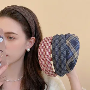Plaid Fabric Headband Retro Wide Side High Top Korean Style Vintage Checkered Hair Band For Women