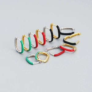 925 Sterling Silver Rectangular Ear Buckle Earrings Enamel Drip Oil Geometric Small Hoop Jewelry For Women