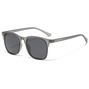 Detail of translucent gray frame polarized sunglasses with metal accents on the hinge