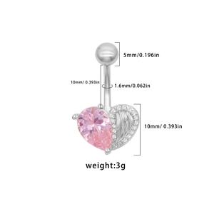Macro view of heart wing belly ring with pink zircon and exact size measurements