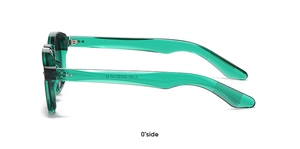 Detail view of transparent green sunglasses frames with CE marking on temples
