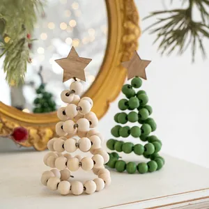 Nordic wooden bead spiral Christmas tree ornaments with star topper in natural and green colors