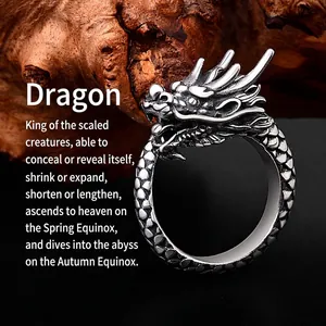 Retro Chinese style dragon ring in silver finish with detailed scales and dragon head