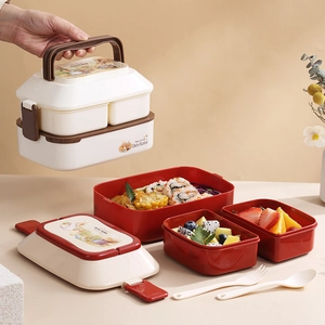 Double-layer rabbit lunch box set with handle and cutlery for student and office use