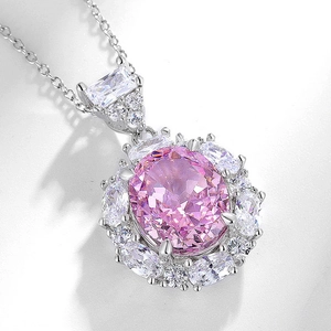 S925 silver necklace with a large oval pink high-carbon diamond pendant and floral halo