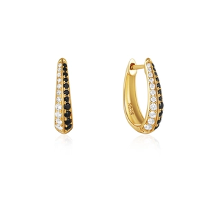 Macro detail of gold S925 sterling silver huggie earrings with black and white pavé stones