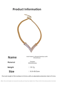 Detailed view of gold V-shaped necklace with rhinestones showing specific measurements