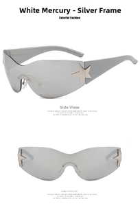 Detailed front and side views of silver Y2K star rimless wraparound sunglasses