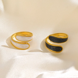 Vintage 18K gold plated stainless steel open rings with black and white enamel marble texture
