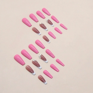 Long coffin barbie pink nails with french tips and small pearl rhinestone accents 24pcs