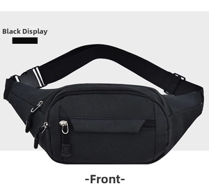 Front view of black durable oxford fabric waist bag with adjustable strap and buckle