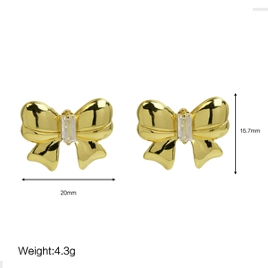 Gold bow earrings with rectangular zircon center and dimension labels on white background