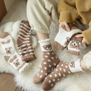 Coral Fleece Women Sleeping Socks Thickened Warm Winter Floor Hosiery Cute Bear Pattern Striped Polka Dot Soft Mid-Calf