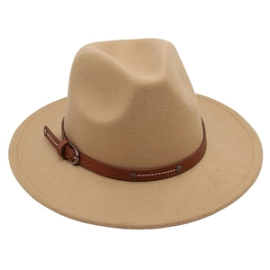 Detailed view of camel wool fedora hat featuring brown leather belt strap and metal buckle
