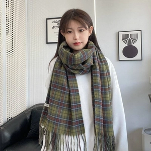 Close-up of thick green and blue plaid scarf with long fringe and cashmere-like texture