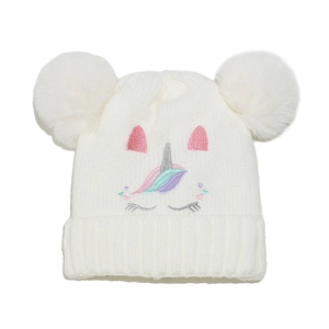 Berretto In Maglia Con Ricamo Unicorno Per Bambini Doppio Pompon Foderato In Pile Inverno Caldo Acrilico Morbido Per Ragazze