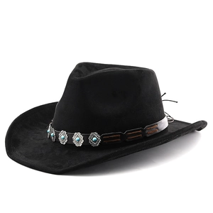 Detail of black suede cowboy hat featuring turquoise beads and silver metal ornaments