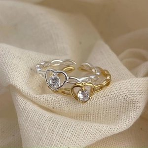 Minimalist adjustable heart rings in gold and silver finish with zircon inlay on fabric