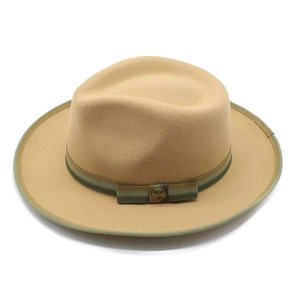 Detail view of khaki wool fedora with dark green striped band and metallic buckle