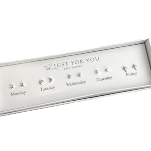 5-pair silver minimalist stud earring set for Monday to Friday in a gift box