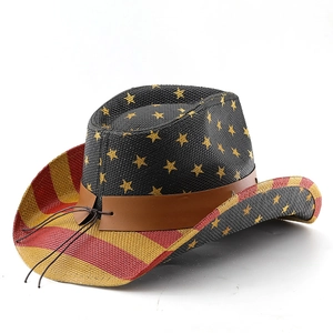 Detail of western cowboy hat featuring US flag stars pattern and striped brim texture