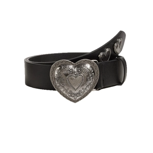 Gothic black leather belt with a vintage embossed silver heart buckle on white background