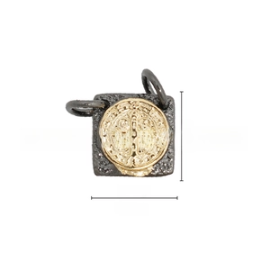 Macro view showing dimensions 9.1x9.2mm of a two-tone square metal pendant with relief