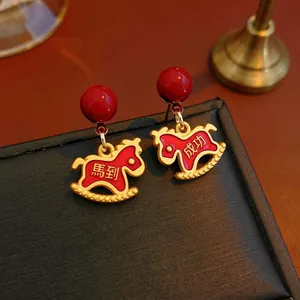 Rocking Horse Drop Earrings With Red Resin Bead And 925 Sterling Silver Earring Post Chinese Style Lucky Festive Jewelry Women