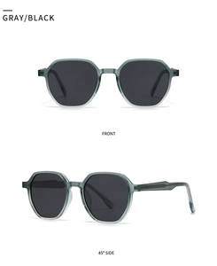 Detail view of round grey translucent sunglasses with black polarized lenses from two angles