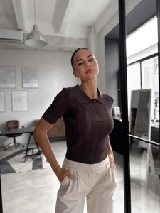 Polo Femme Manches Courtes Tricot Côtelé Mélange Coton Col Revers Coupe Ajustée Streetwear Rétro Uni Marron