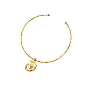 Elegant gold titanium steel choker necklace with a spiral pearl pendant on white background