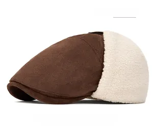 Detail of coffee brown suede newsboy hat with plush beige lamb wool ear flaps